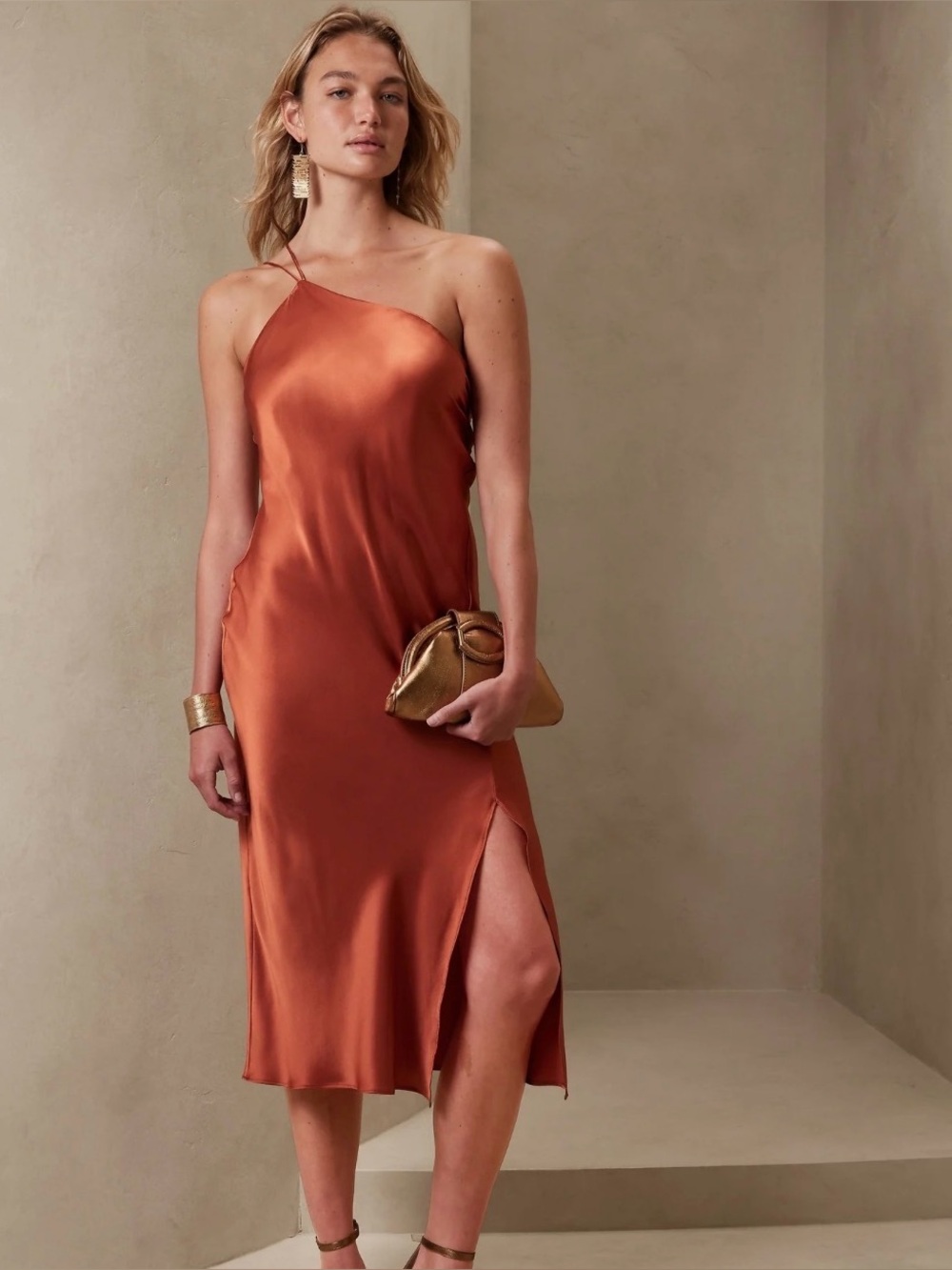 Banana republic One-Shoulder silk Slip Dress in Copper
